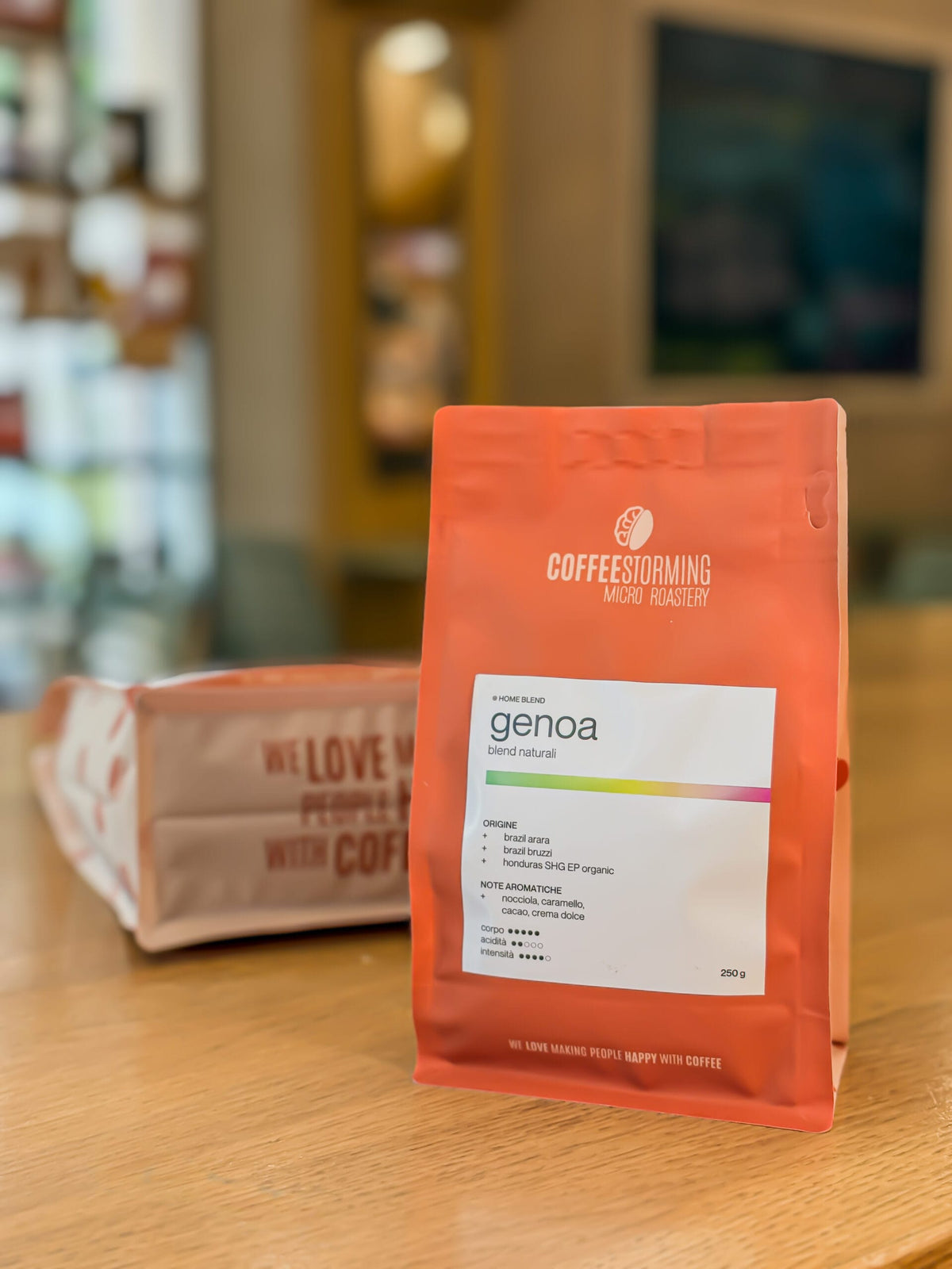A bag of CoffeeStorming coffee on the counter of the shop