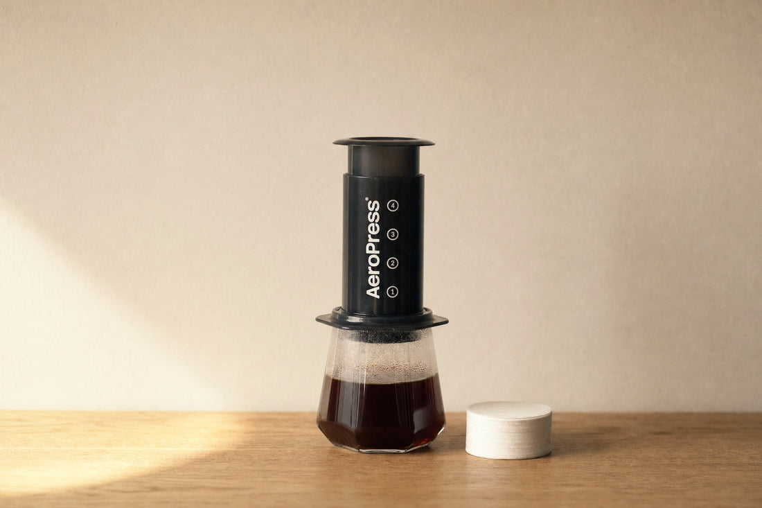 Una AeroPress Original sopra una caraffa di vetro con il caffe' estratto, e accanto la confezione dei micro-filtri di carta