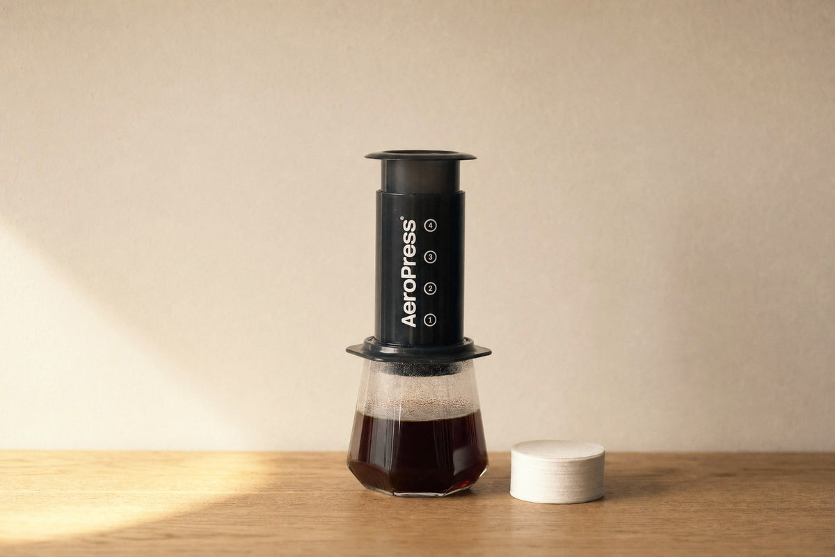 Una AeroPress Original sopra una caraffa di vetro con il caffe' estratto, e accanto la confezione dei micro-filtri di carta