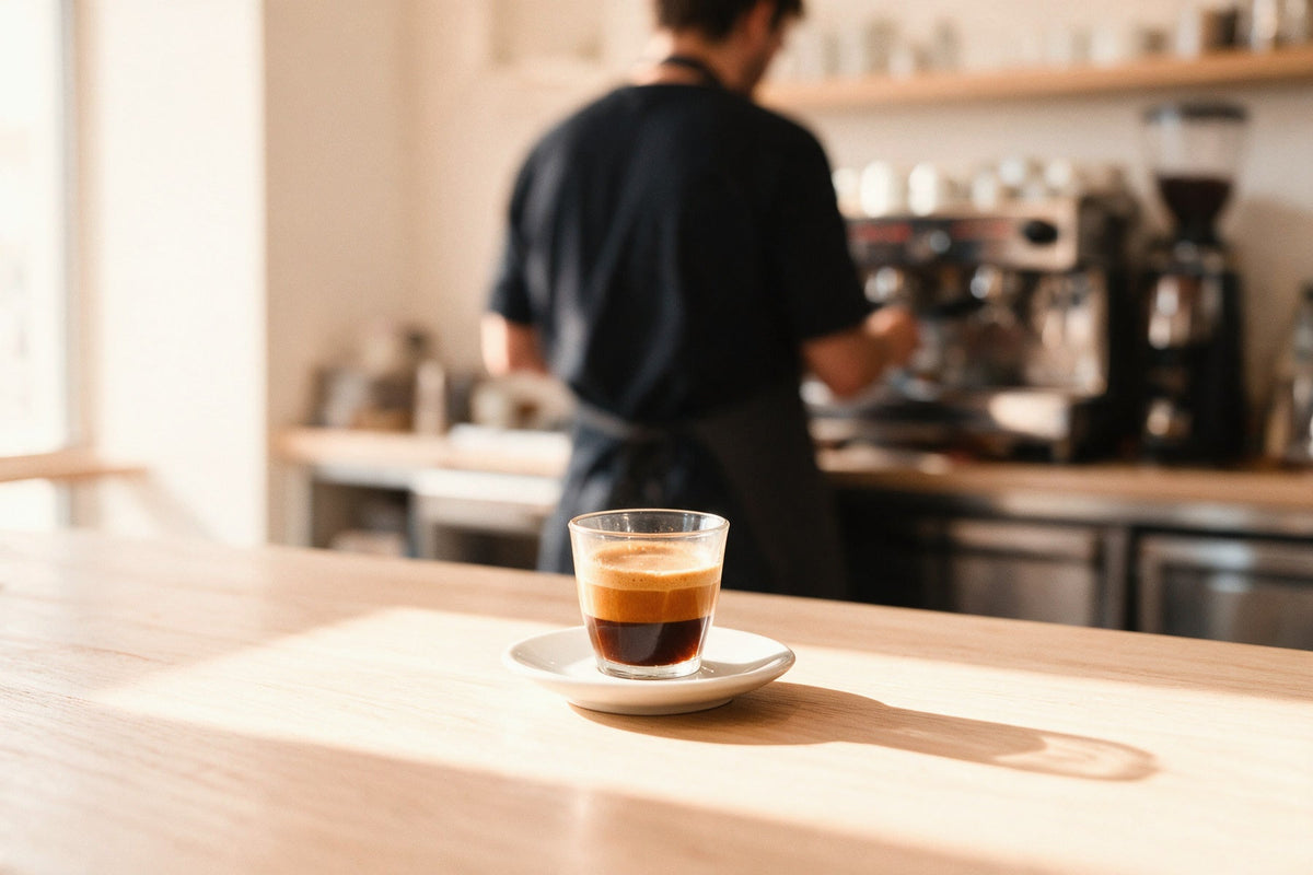 Un barista di spalle al banco di un bar indipendente, e in primo piano un espresso in bicchiere sul piattino