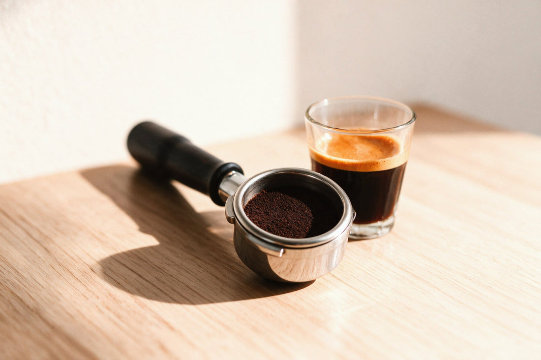 Un portafiltro da 58 mm coricato sul piano con il caffè dosato dentro, e accanto un bicchiere di espresso appena estratto