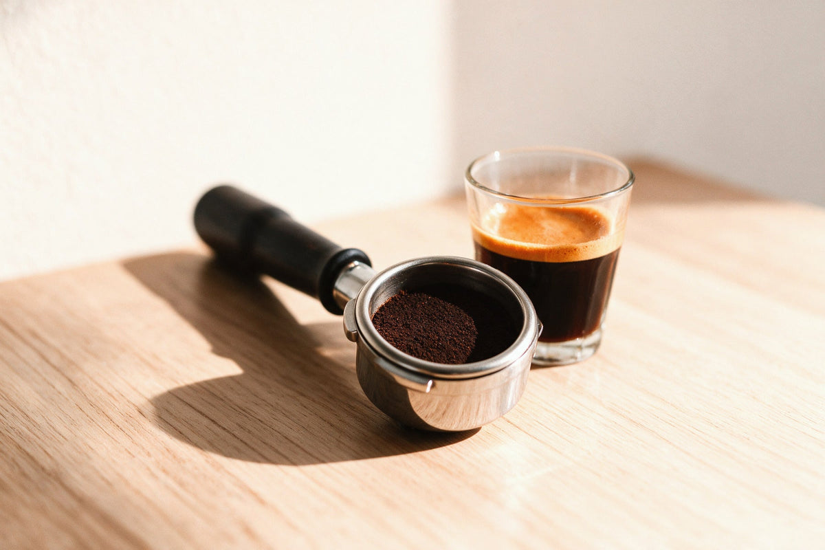 Un portafiltro da 58 mm coricato sul piano con il caffè dosato dentro, e accanto un bicchiere di espresso appena estratto