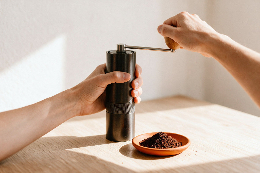 Un macinacaffè manuale a macine tenuto in mano mentre si gira la manovella, con il caffè appena macinato in un piattino