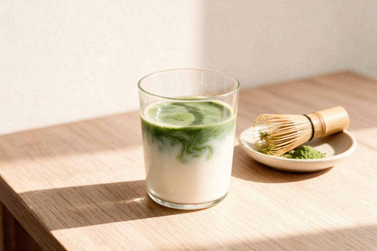 Un matcha latte in un bicchiere di vetro con il verde che scende sul latte, e il frustino di bambù in un piattino accanto