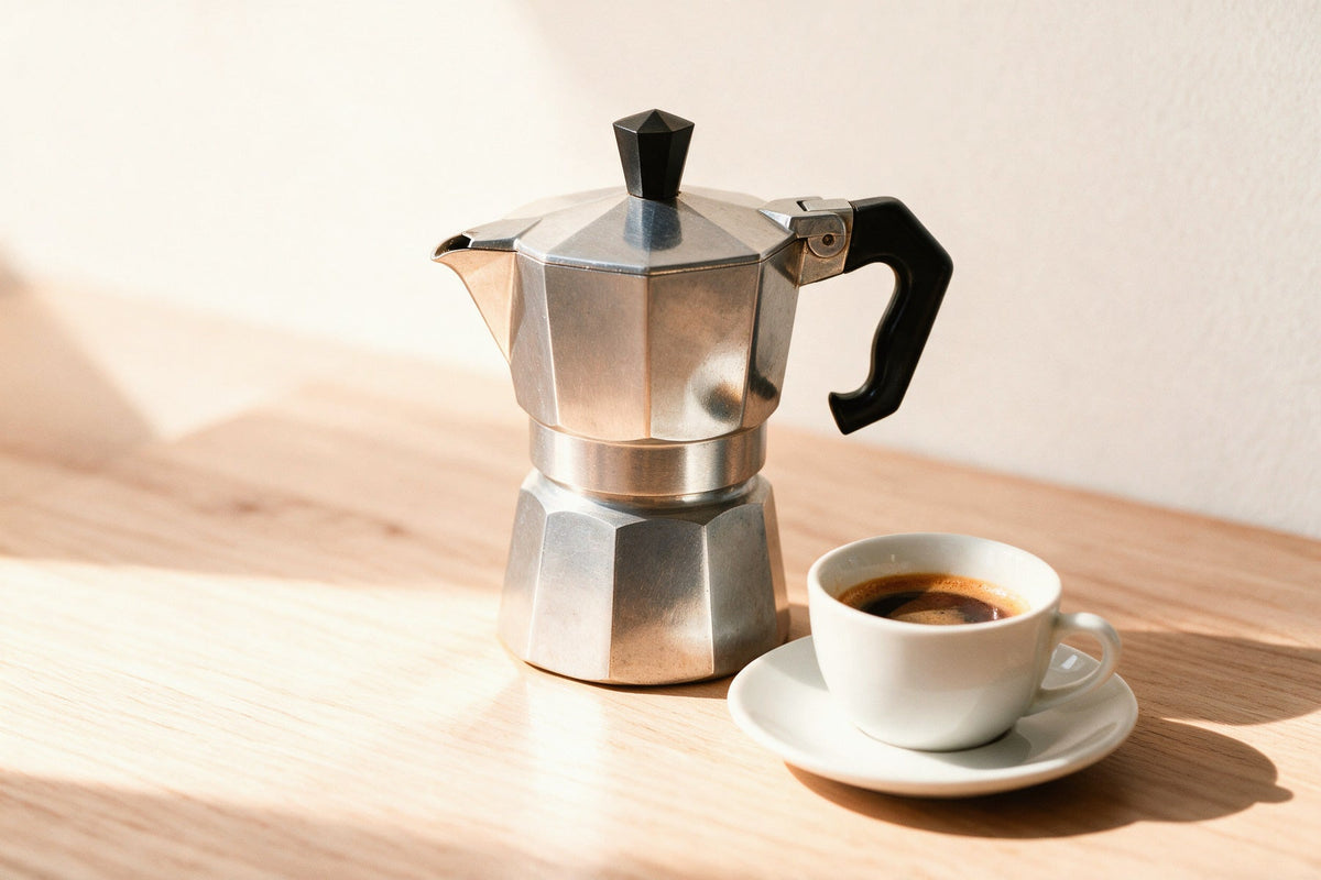 Una moka in alluminio sul piano di legno, accanto a una tazzina di caffe' appena versato