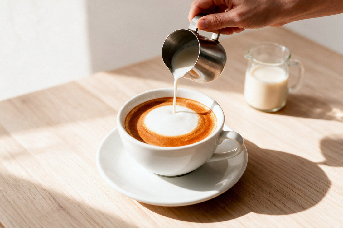 Bevanda vegetale versata da un lattiera d'acciaio dentro un cappuccino, con il disegno che si apre sulla crema