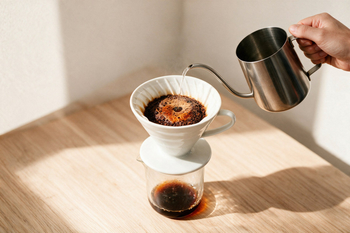 Un V60 in ceramica sopra una caraffa di vetro durante la fioritura, con l'acqua versata dal bollitore a collo di cigno