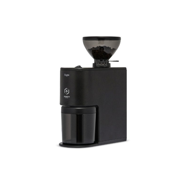 Eureka Peppe electric coffee grinder in matte black with smoked bean hopper