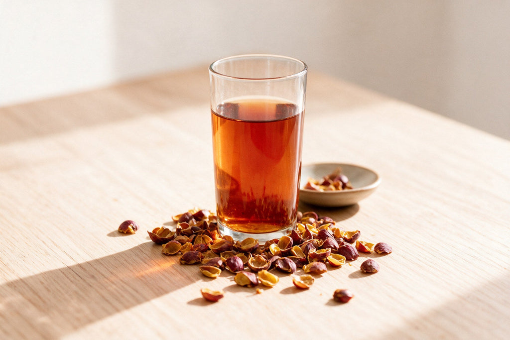 Infuso di cascara in un bicchiere di vetro, con le bucce essiccate della ciliegia di caffè sul tavolo